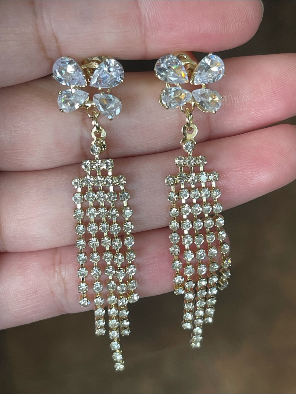 Gold Crystal Tassel Drop Earrings
